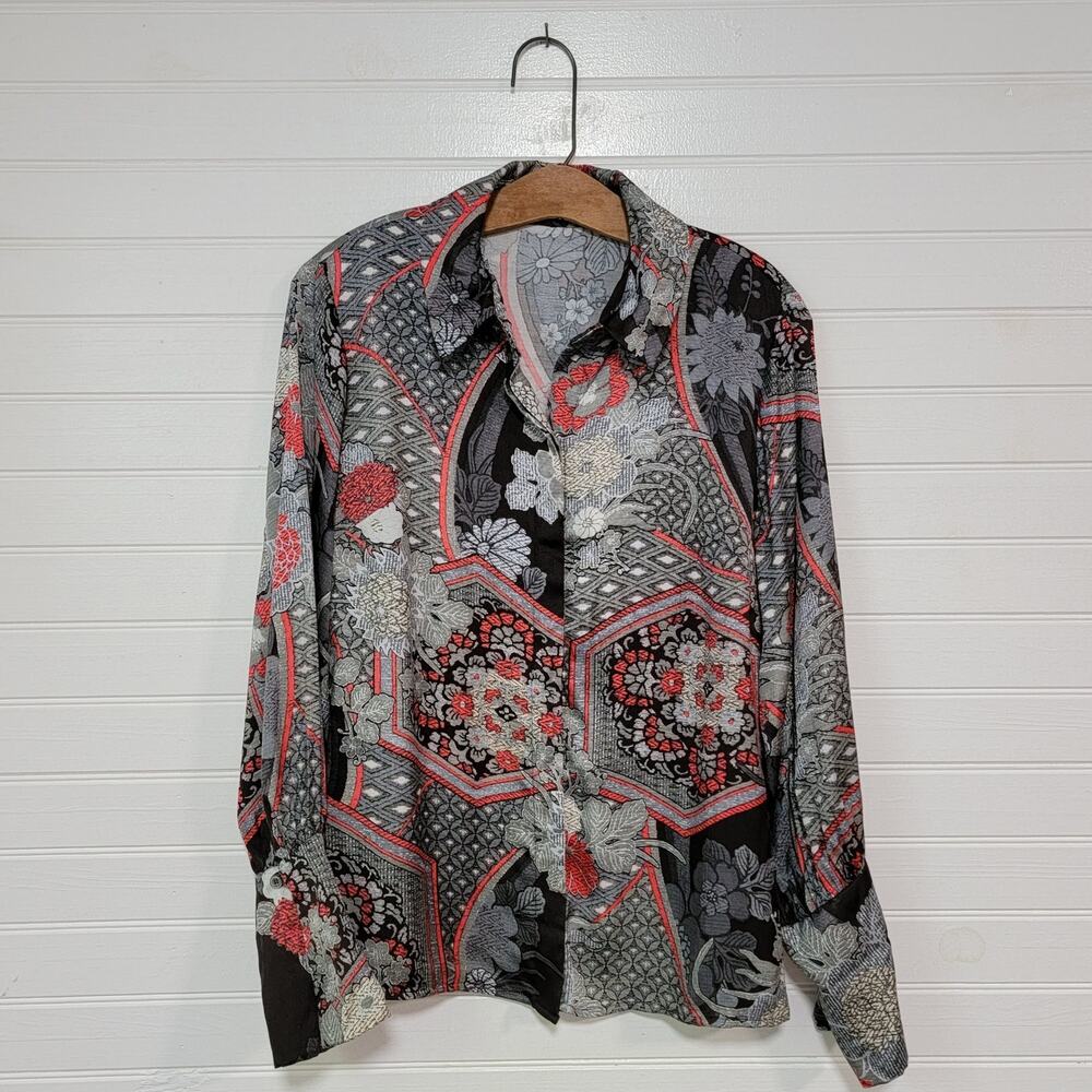 Natori Button Up Shirt Patchwork Floral Asian Inspired Top Satin Viscose Small